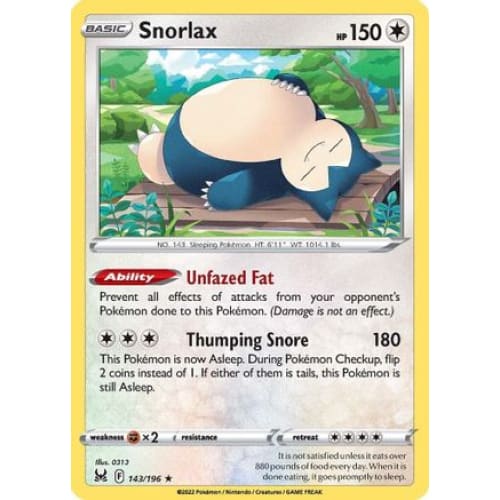 Snorlax (143/196) Holo Rare Reverse Holofoil - Single